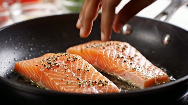 Seasoning Fresh Salmon Fillets in a Hot Frying Pan for Healthy Cooking.