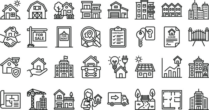 Set of business and building icons in line art style