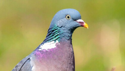Obraz premium Close-up of a pigeon with iridescent neck feathers against a blurry green background