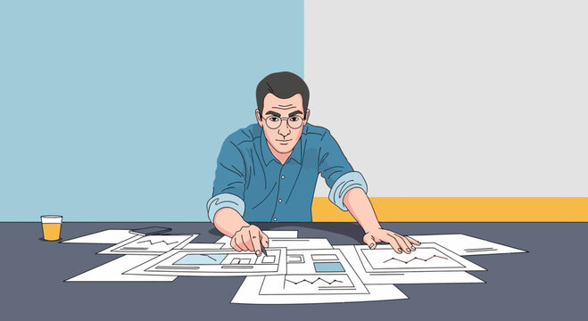 Designer sketching website wireframes with focus on layout planning.