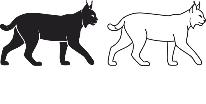 Walking Wild Cat Silhouette Vector Set with Black and Outline Lynx Animal Illustration for Wildlife Design