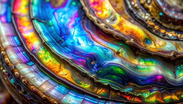 Close-up of iridescent sea shell interior, showcasing vibrant colors and textured layers