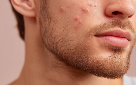 Close-up of a young man's face with acne and skin imperfections