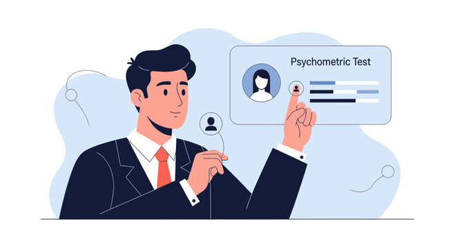 Man Administering Psychometric Test on Digital Screen with Profile Data