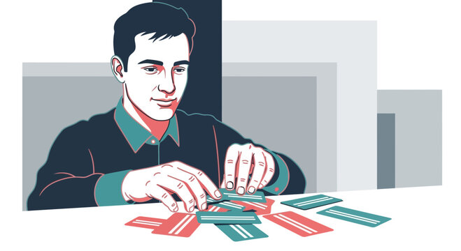 Man arranging rectangular cards on a table, strategy concept