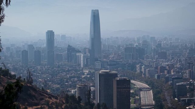 4K aerial drone footage of Santiago de Chile with Costanera and the Andes on the back