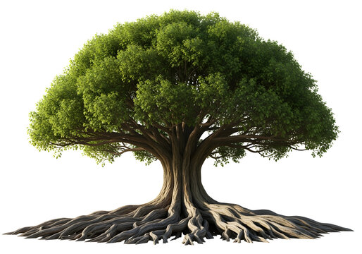 Large green leafy tree with strong roots