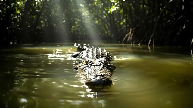 Close up of a dangerous crocodile head emerging from murky swamp water in a dark mangrove forest, representing stealth, predatory nature, and wild wilderness survival