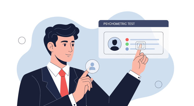 Man taking psychometric test online, avatar profile selection
