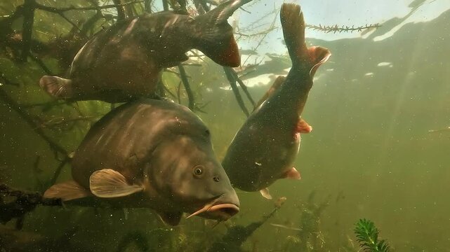Very large leather carp - Cyprinus carpio - swims among two common carp, then approaches the lens with calm mouth movements in green lake water.