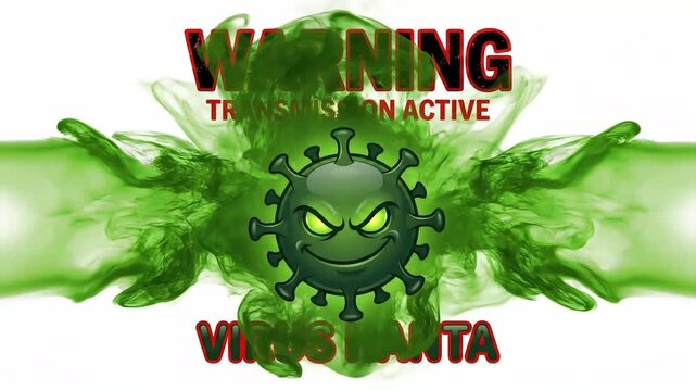 Hantavirus animation concept showing green smoke and infectious pathogen cell with warning text for medical health alert video footage