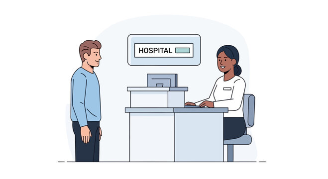 Patient interacts with hospital reception desk, getting assistance.