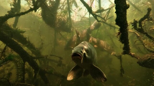 Common carp - Cyprinus carpio - comes close to inspect the lens, revealing its whisker like barbels as several larger carp stay farther behind.