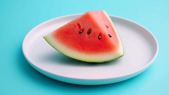 Bright Summer Snack. Luscious Red Watermelon Piece Resting On Pristine White Plate Under Gentle Studio Lights