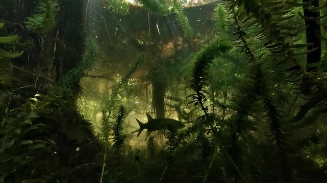 Northern pike - Esox lucius - remains still among underwater vegetation while filtered sunlight creates a dramatic silhouette in lake water.