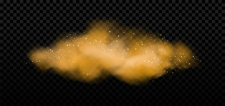 Orange cloud with sparkles. Realistic yellow smoke with golden confetti. Glittering vector texture with transparency