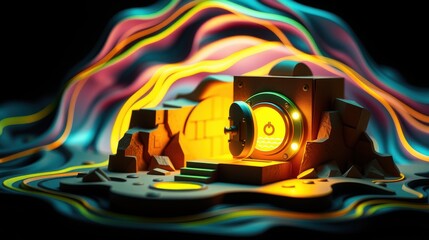 Obraz premium Abstract scene features glowing vault door, brickwork, colorful fluid shapes. Dramatic lighting creates surreal atmosphere.