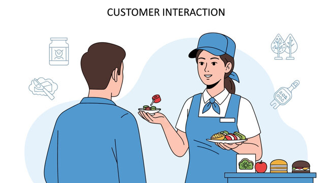 Customer Service and Food Service Interaction - Vector Illustration
