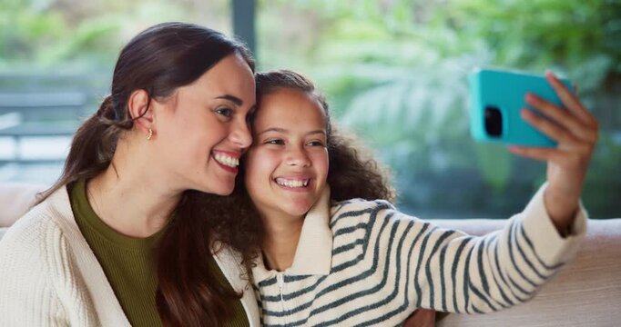 Mother, pouting and selfie with child at house for photography, social media and family blog. Happy, woman and daughter for profile picture update, capture moment and bonding together in living room