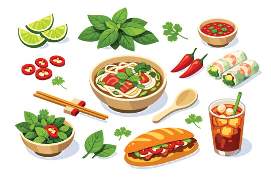 Vietnamese food vector collection, traditional pho noodle soup and banh mi sandwich set, fresh spring rolls and asian cuisine ingredients