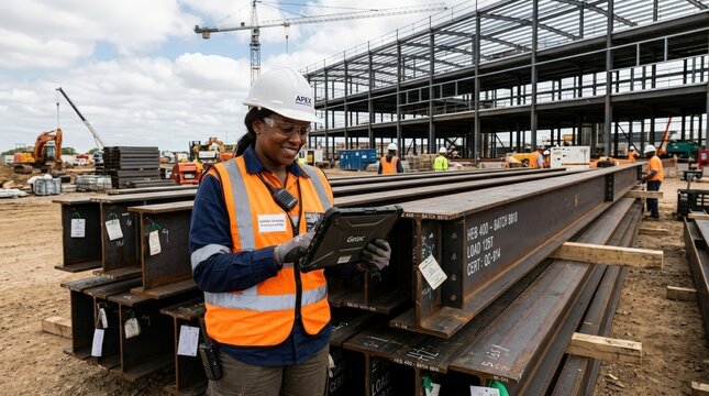 Female engineer managing construction procurement with digital tablet
