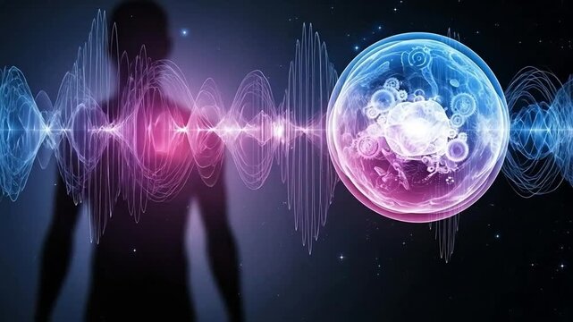 Biofeedback therapy concept with human silhouette and cellular energy frequency waves for holistic health, alternative medicine, and quantum healing visualization