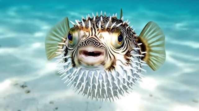 Close up portrait of a spiky porcupine pufferfish swimming in clear tropical ocean water, marine wildlife photography representing defense mechanisms and aquatic nature