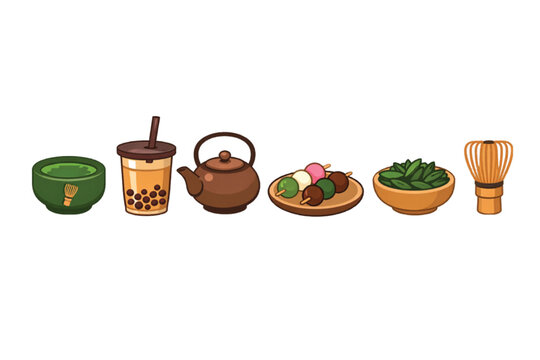 Japanese matcha tea ceremony set, traditional green tea icons with dango and bubble tea, 6 vector elements for cafe menu and food branding