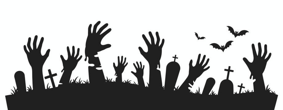 Halloween Zombie Hands Cemetery Silhouette: Creepy Graveyard Undead Rising Vector Graphic