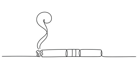 Continuous line drawing of a burning cigarette with smoke © Monibala