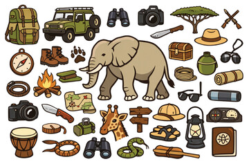 Safari adventure vector icons set, african wildlife and travel camping equipment, cartoon elephant and giraffe with outdoor exploration gear © Muhammad