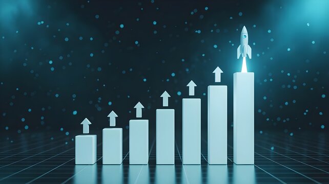 Business growth chart with rocket launching upward on ascending bars graph