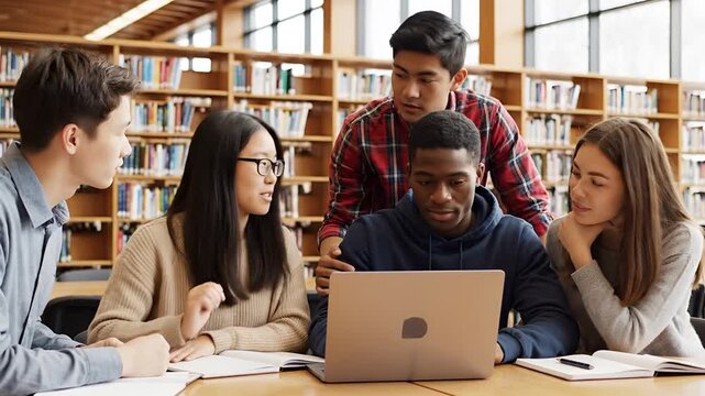 Diverse group of students collaborating on a laptop in a library setting.