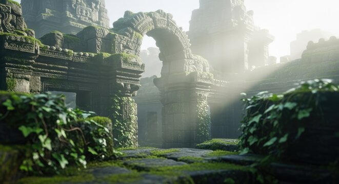 Ancient Ruins in Lush Green Landscape with Sunbeams and Vegetation.