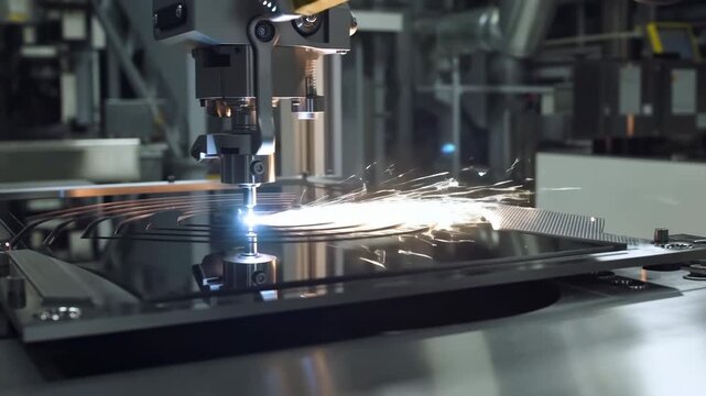 State Of Art Robots Precisely Cut And Fuse Stainless Steel Materials Producing Vivid Sparks And Bluish Light
