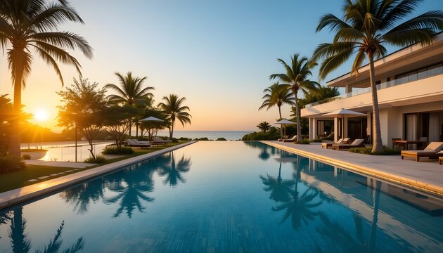 &ldquo;Luxury tropical villa with infinity pool at sunset, palm trees, modern architecture, vacation lifestyle concept, ultra realistic travel and real estate photography&rdquo;