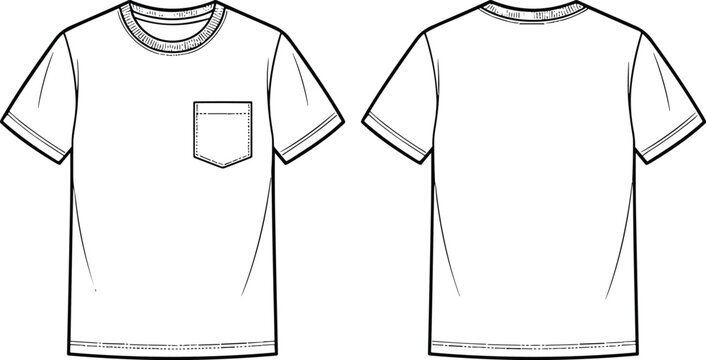 Front and Back Blank Pocket T Shirt Mockup Template with Short Sleeves Technical Vector Illustration
