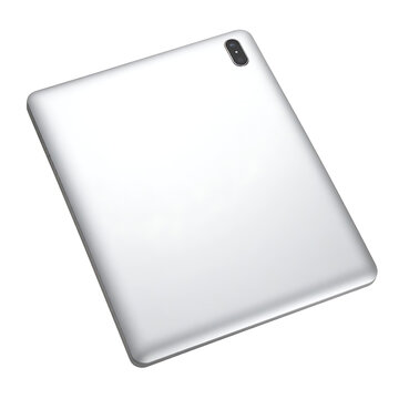 Isolated silver tablet back with small camera lens cutout on clean white background, sleek modern device for technology concepts