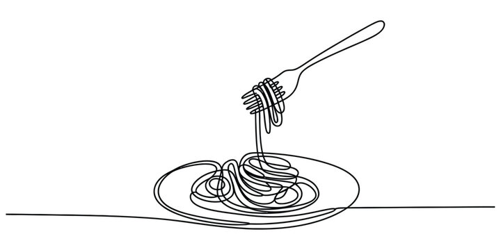 Continuous line drawing of spaghetti on a plate with a fork