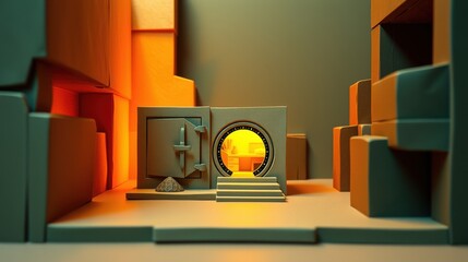 Obraz premium Minimalist vault scene. Geometric shapes, warm lighting, intriguing doorway. Focus on depth, texture, stylized design.