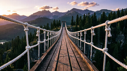 Fototapeta premium Wooden rope bridge stretches over misty mountain peaks beneath a breathtaking golden sunset.