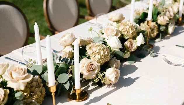 Elegant wedding table decor with cream roses and white candles. Floral centerpiece arrangement for formal outdoor dinner reception. Luxury event table setting with gold candle holders