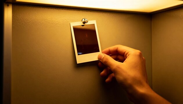 Hand touching an instant photo pinned to a wall. Warm golden lighting on a nostalgic snapshot. Memory and personal space concept