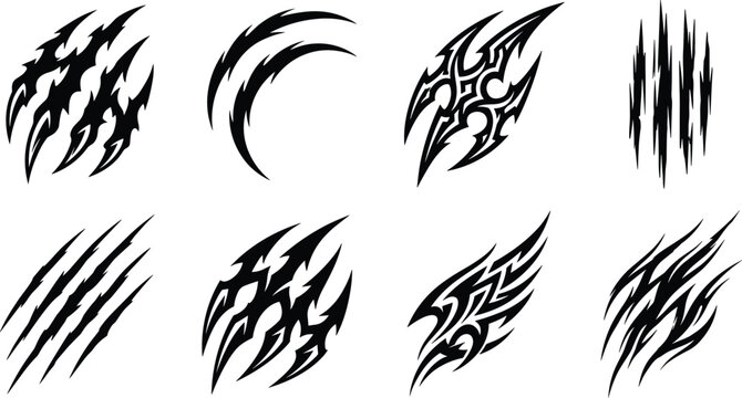 Tribal Claw Scratch Marks and Sharp Slash Silhouette Set for Tattoo Gaming and Aggressive Design Concepts