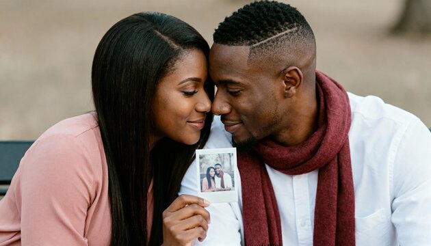 Close up of a Black couple touching foreheads and holding an instant photo. Romantic African American man and woman in a park. Memories and relationship concept