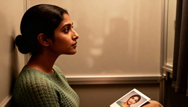 Young South Asian woman in a photo booth holding an instant photograph. Profile view of a thoughtful female looking away. Contemplative moment with an instant photo