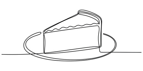 Continuous line drawing of a slice of cake on a plate © Monibala