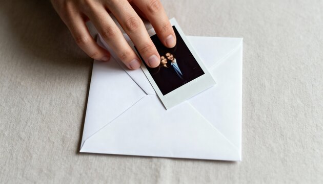 Hand putting an instant photo of a couple into a white envelope. Nostalgic memory and correspondence concept. Close up of hand sending a picture on a linen background