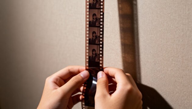 Hands holding a 35mm film negative strip. Close up of analog photography development and inspection. Vintage retro photography hobby concept