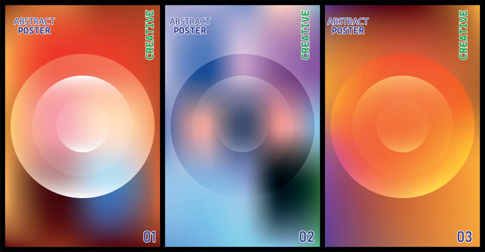 Set of futuristic abstract posters. Bright blurred gradients and defocused white spheres for creative graphic design. Vector illustration.
